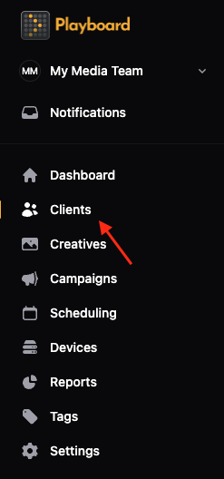 left menu with Clients highlighted.
