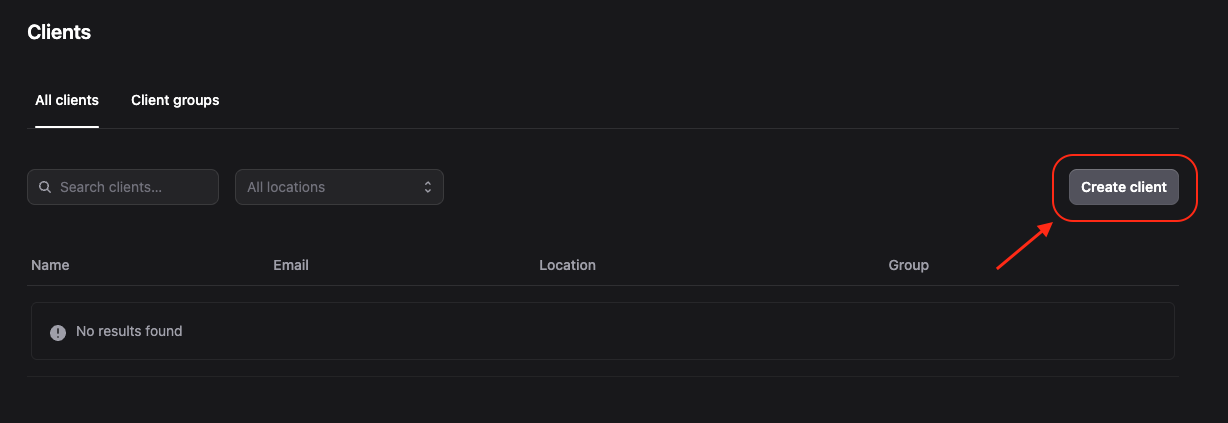Clients page with Create client button.