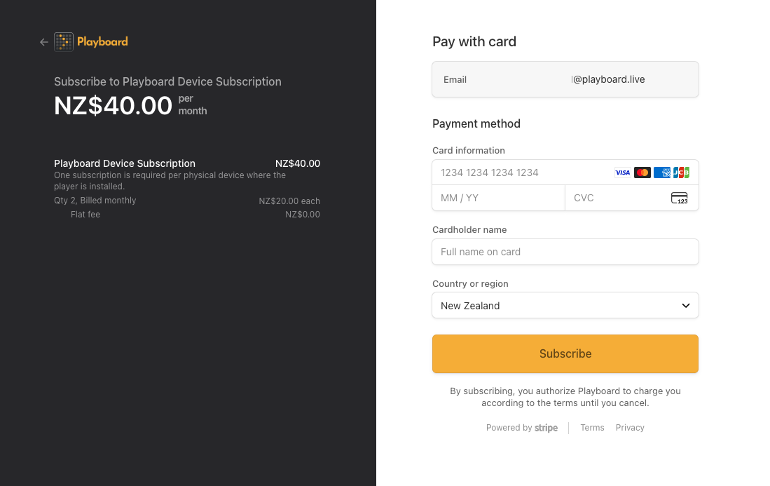 Stripe pay with card screen.