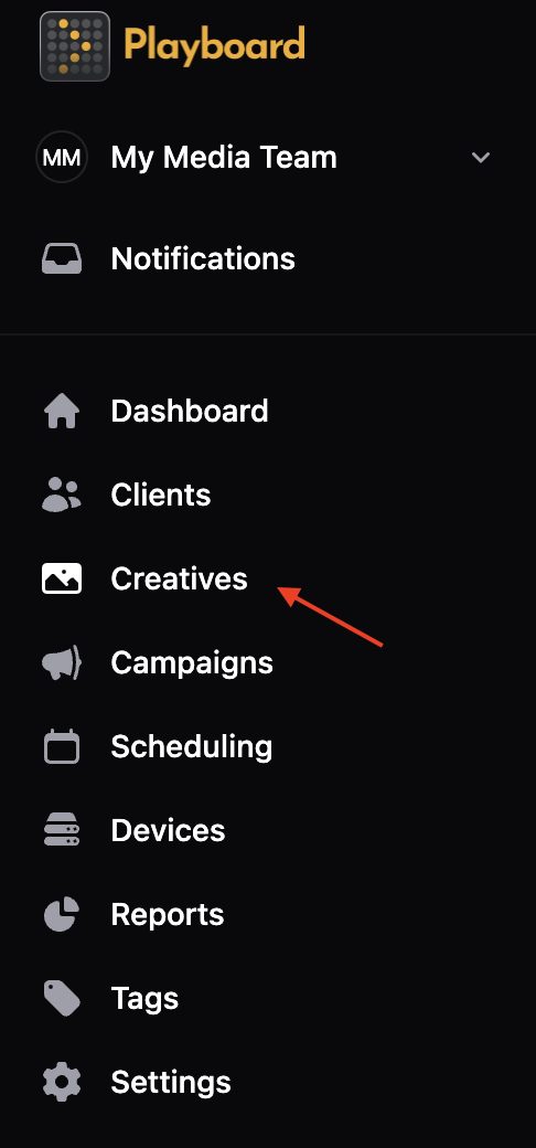Left menu with Creatives highlighted.